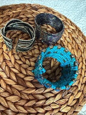 Bohemian Ethnic Turquoise, Multi Beaded Coil Bracelet Bundle- Women's Jewelry